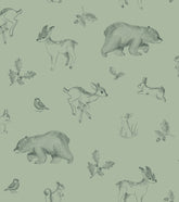 NATURAL - Papier peint animaux de la forêt vert sauge
